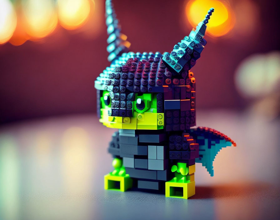 Vibrant LEGO Dragon with Green Face and Wings on Warm Bokeh Background