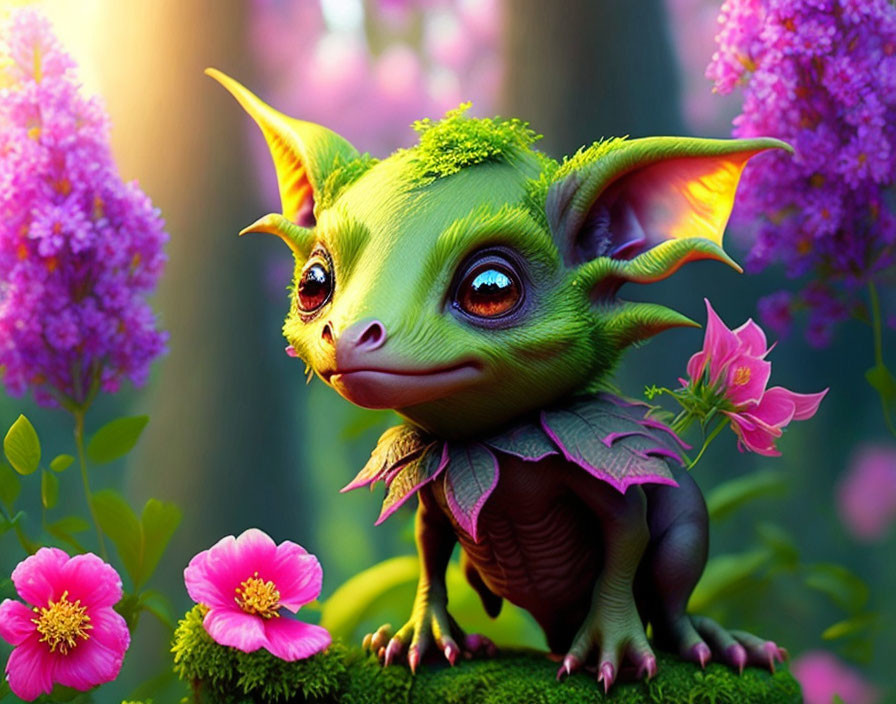 Green creature in pink flower garden with whimsical ambiance