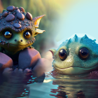 Whimsical Cartoonish Amphibian Creatures in Water Among Rocks