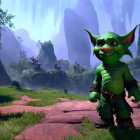 Fantastical green creature with stick in lush landscape