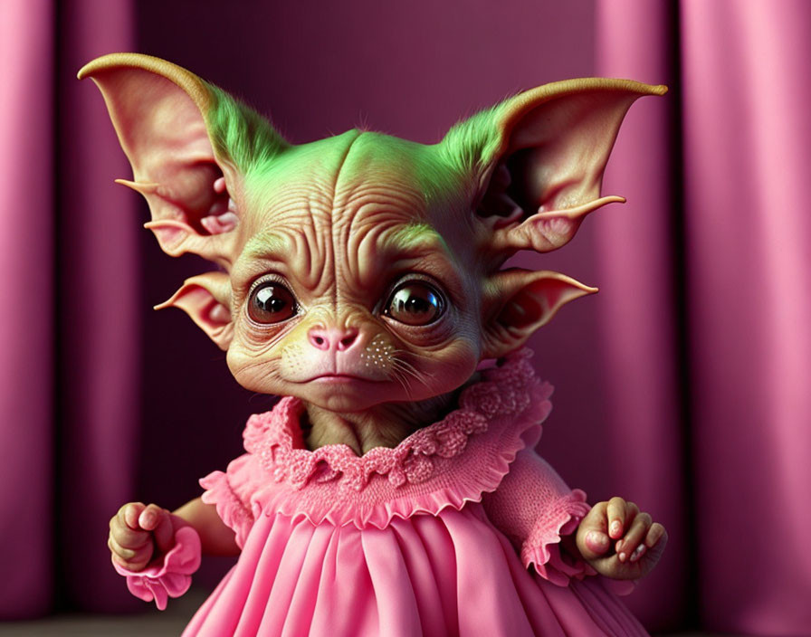 Fantastical bat-chihuahua hybrid in pink dress on purple background