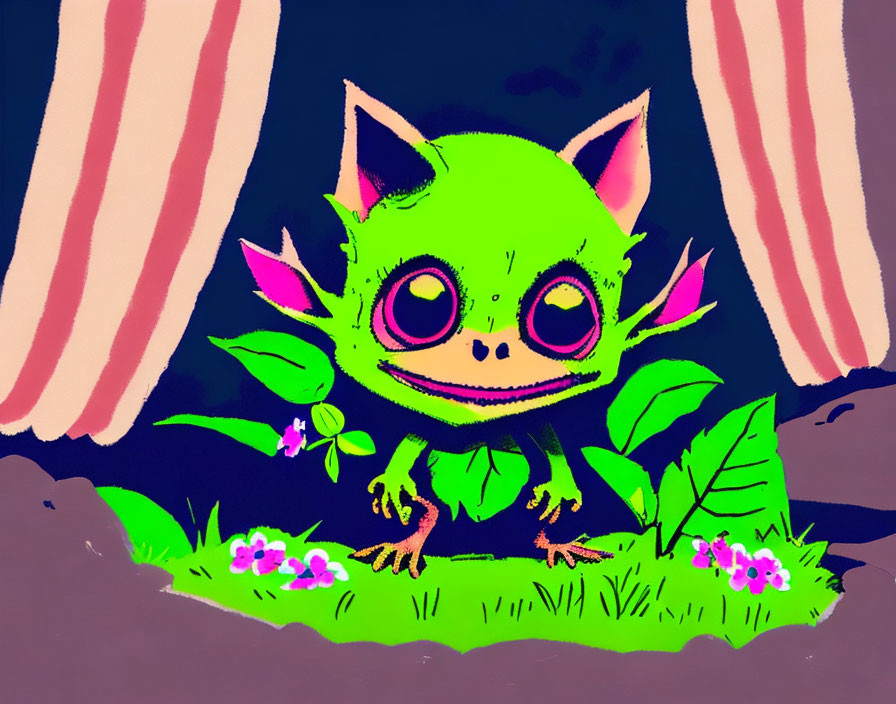 Colorful Illustration of Cute Green Creature Among Flowers