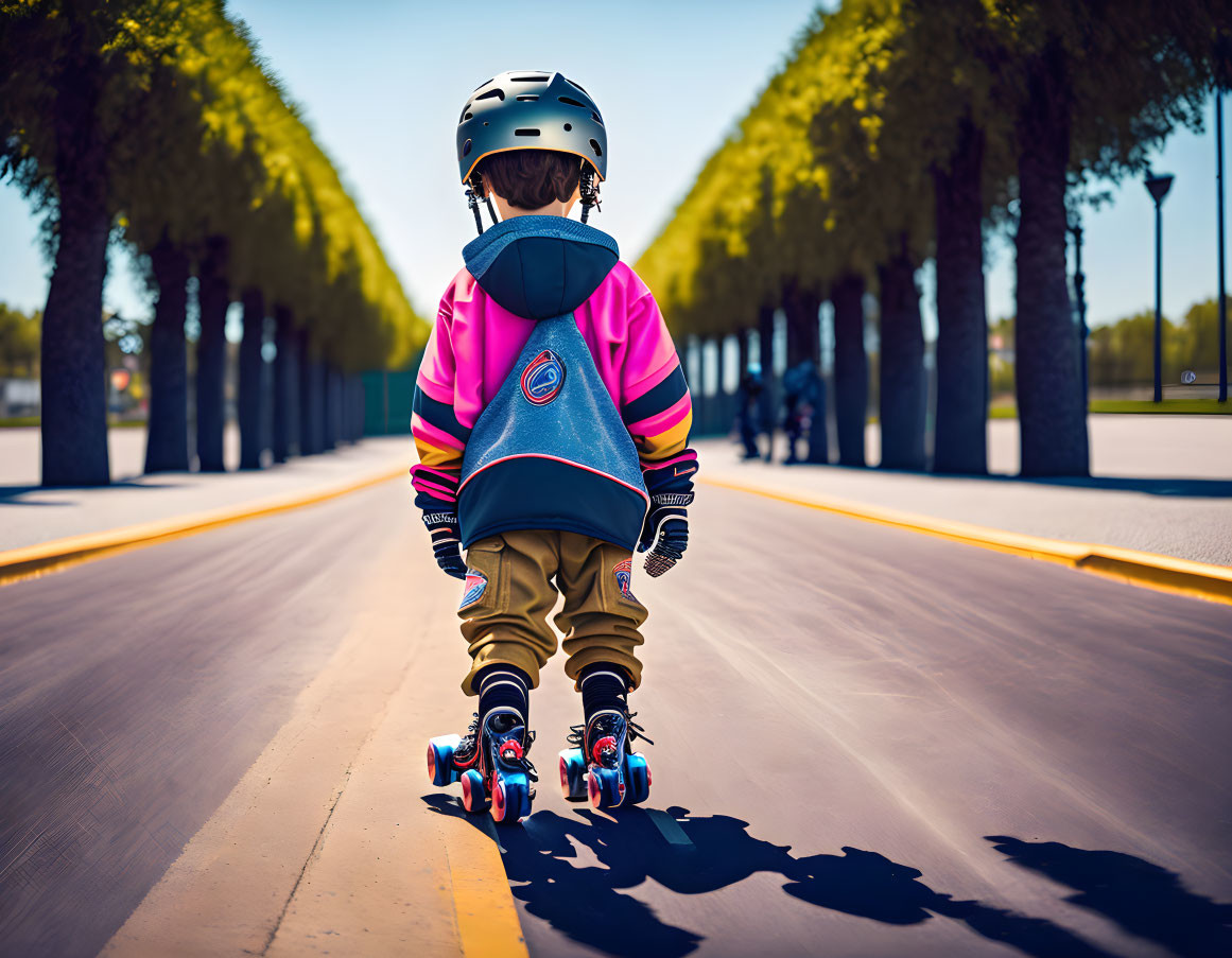 Child rollerblading in helmet and colorful outfit in sunny park with lined trees