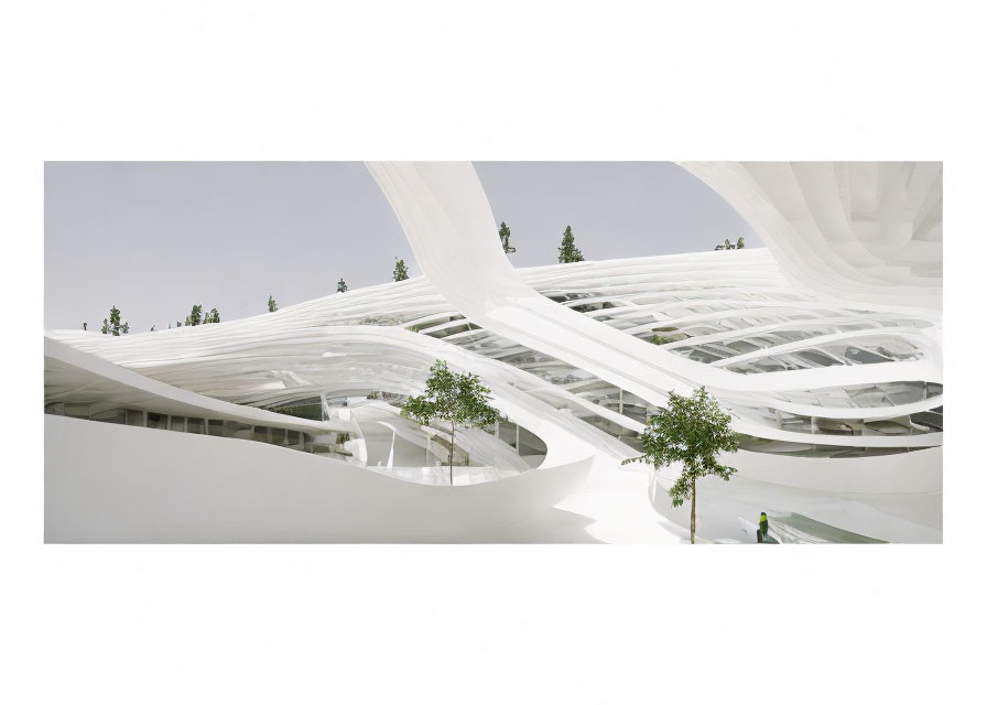 Modern white architecture with indoor trees against snowy backdrop