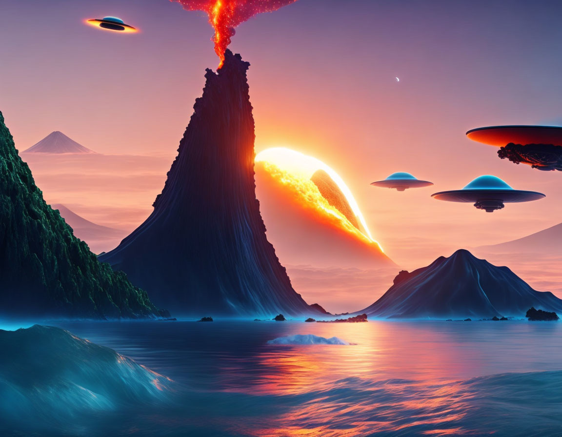 Erupting volcano, high waves, floating islands, UFOs in futuristic sci-fi landscape