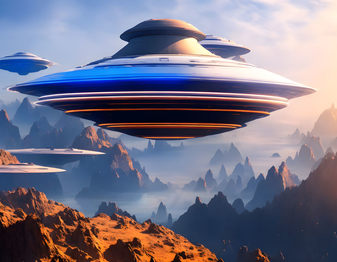 Futuristic UFOs over rugged mountains in warm sky