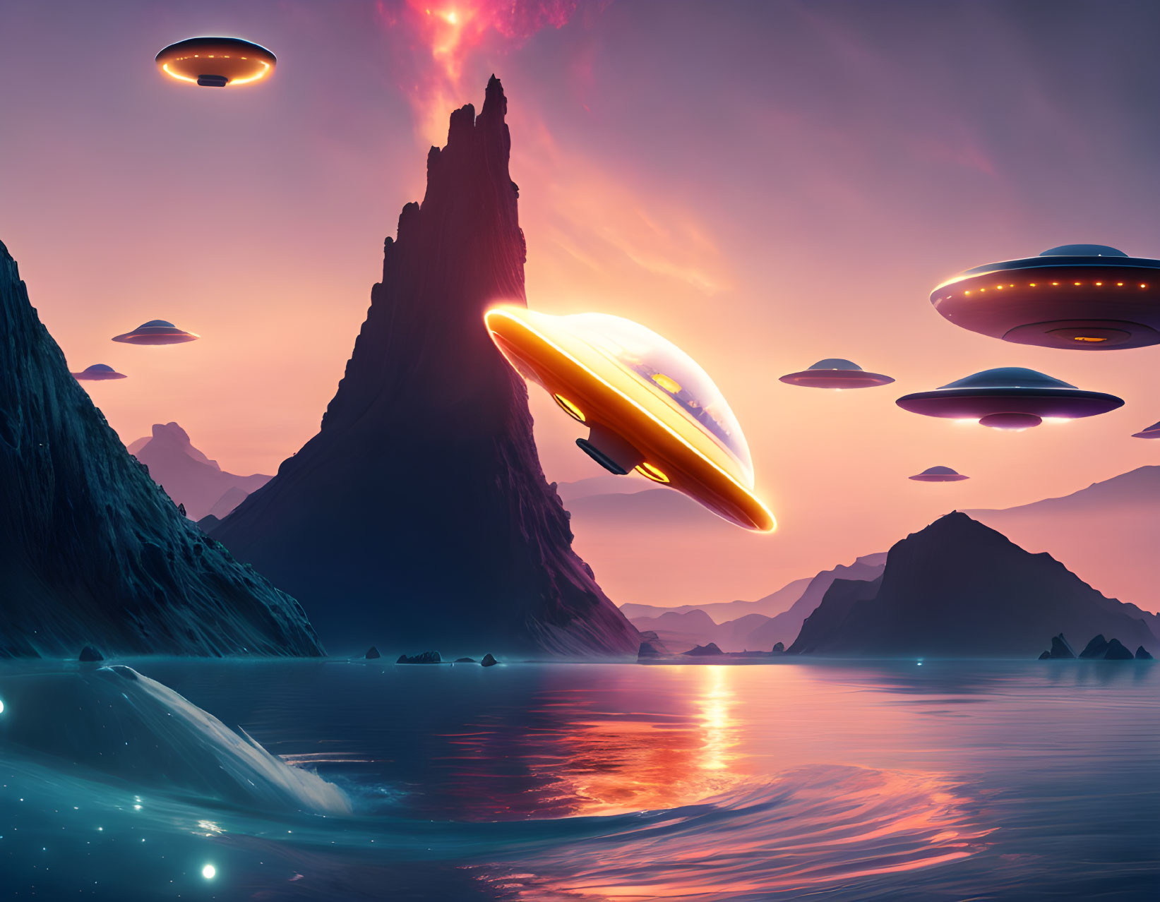 Futuristic UFOs over serene ocean and mountains at twilight