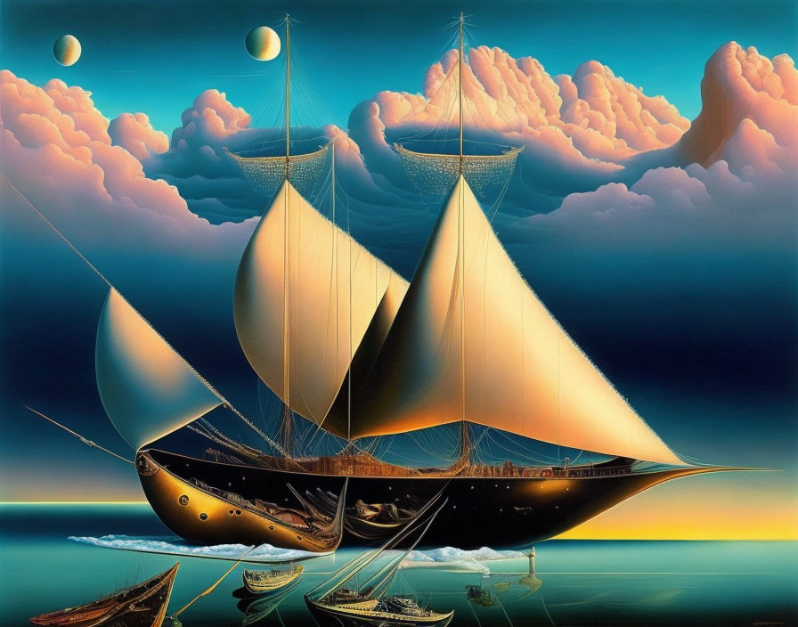 Surreal painting: Ships with translucent sails over calm sea