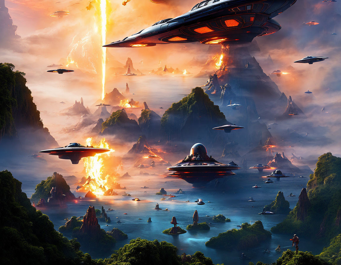 Sci-fi landscape with UFOs, volcanic eruption, and dramatic sky