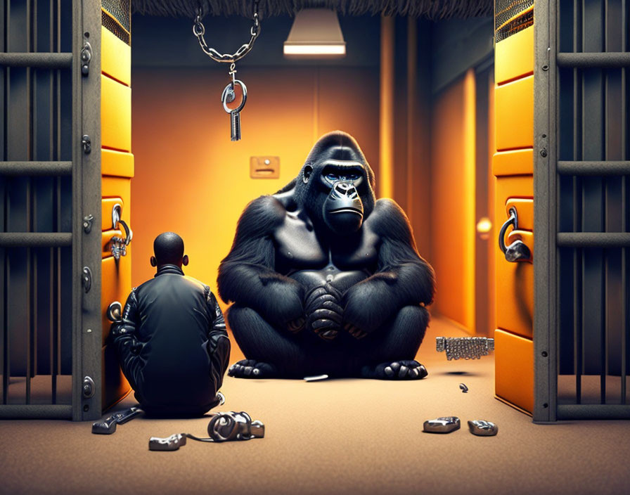 Man and gorilla in contemplative locker room setting with chains and cuffs under yellow lighting