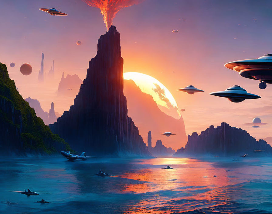 Sci-fi landscape with UFOs, ocean, volcanic peak, and alien planets at sunset