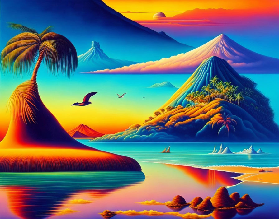 Colorful Stylized Landscape with Palm Trees, Mountains, Sea, and Sailboats