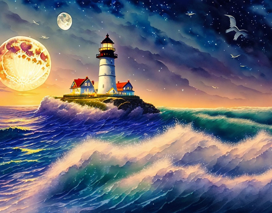 Lighthouse painting on rocky cliff with crashing waves and starry sky