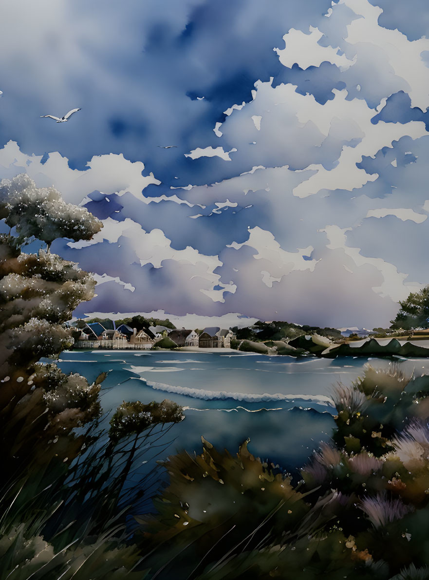 Tranquil lakeside village watercolor with dramatic sky