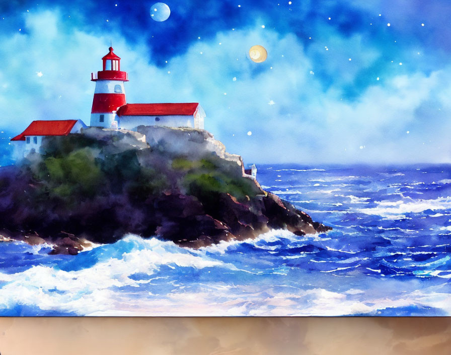 Lighthouse watercolor painting: rocky cliff, stormy seas, night sky