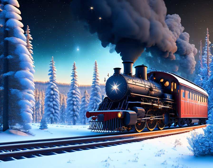 Vintage Steam Locomotive Night Snowy Landscape Pine Trees Smoke