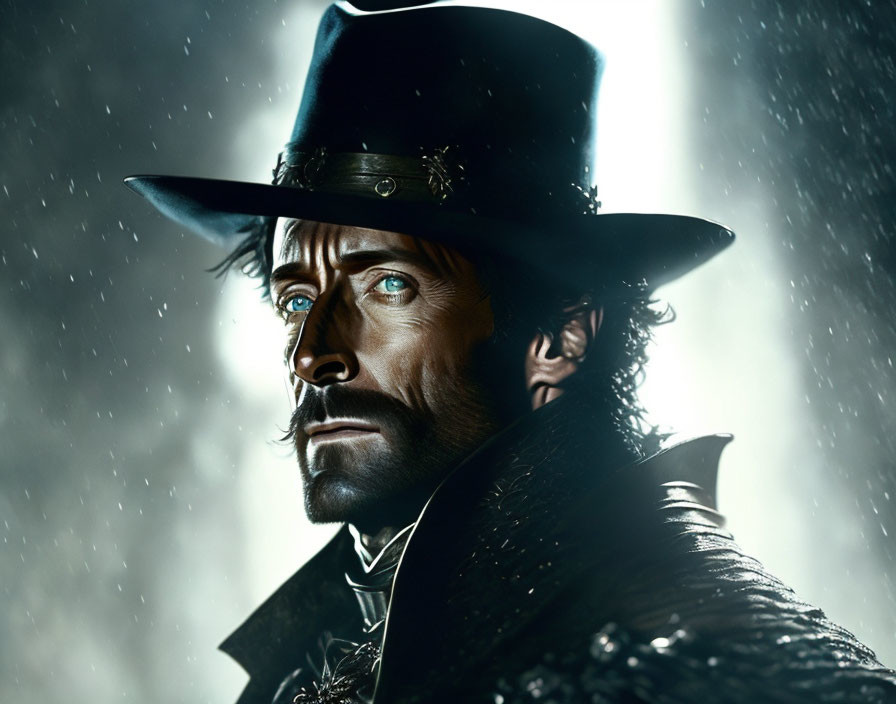 Man in Dark Top Hat and Coat with Intense Eyes in Snowfall Scenery