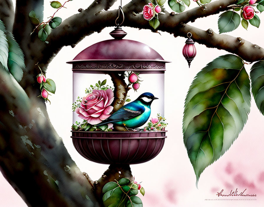 Colorful Bird on Decorative Hanging Bird Feeder with Rose and Leaf Motifs