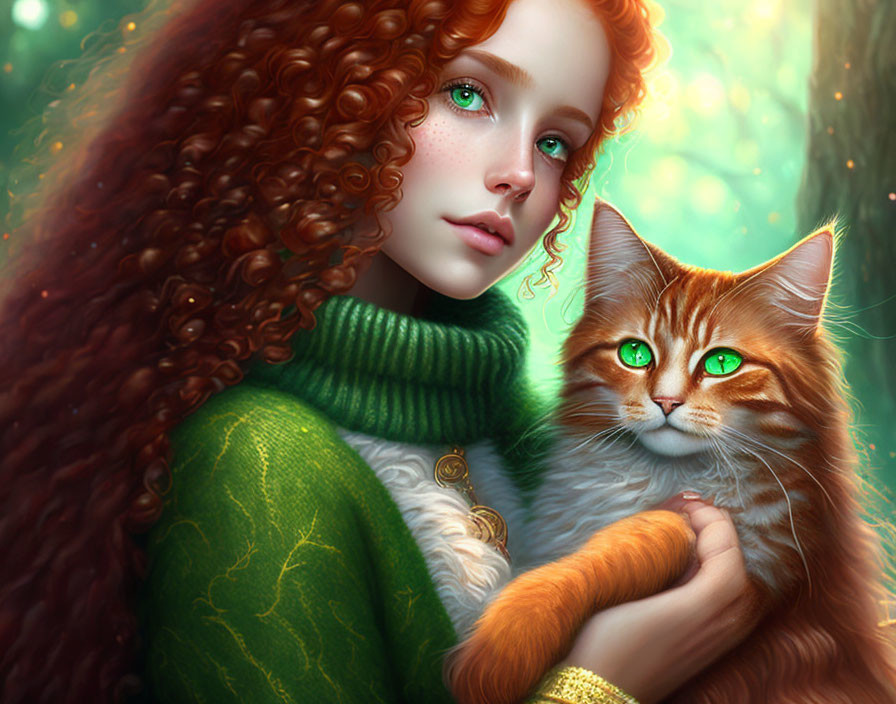 Curly Red-Haired Woman Holding Orange Tabby Cat