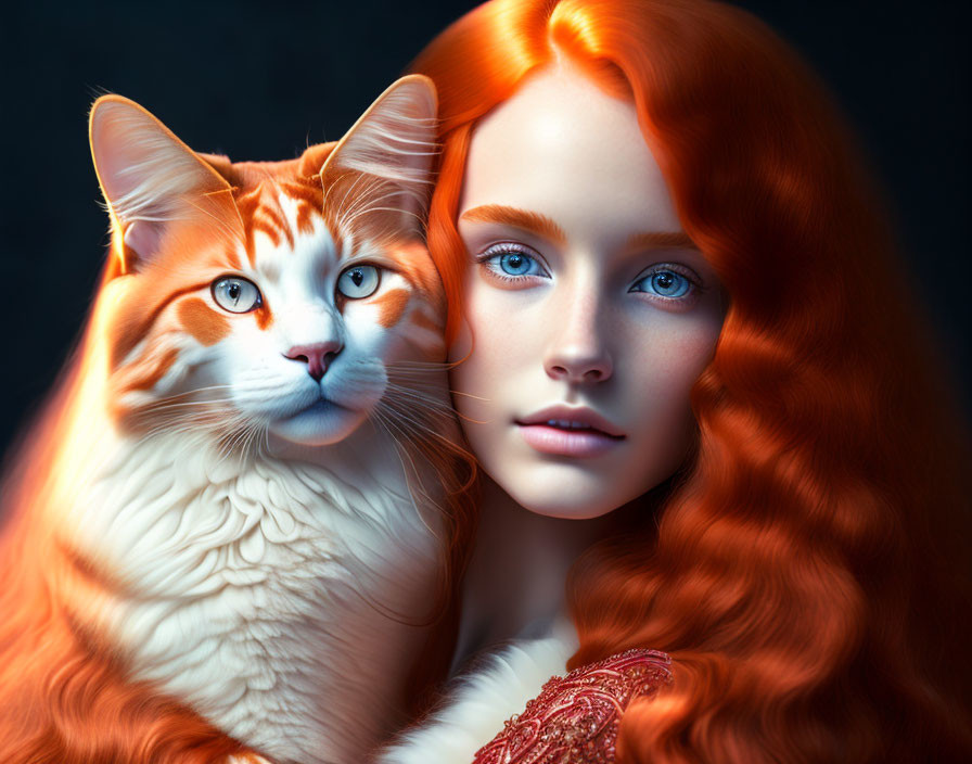 Woman with Long Red Hair and Blue Eyes Poses with Matching Orange and White Cat