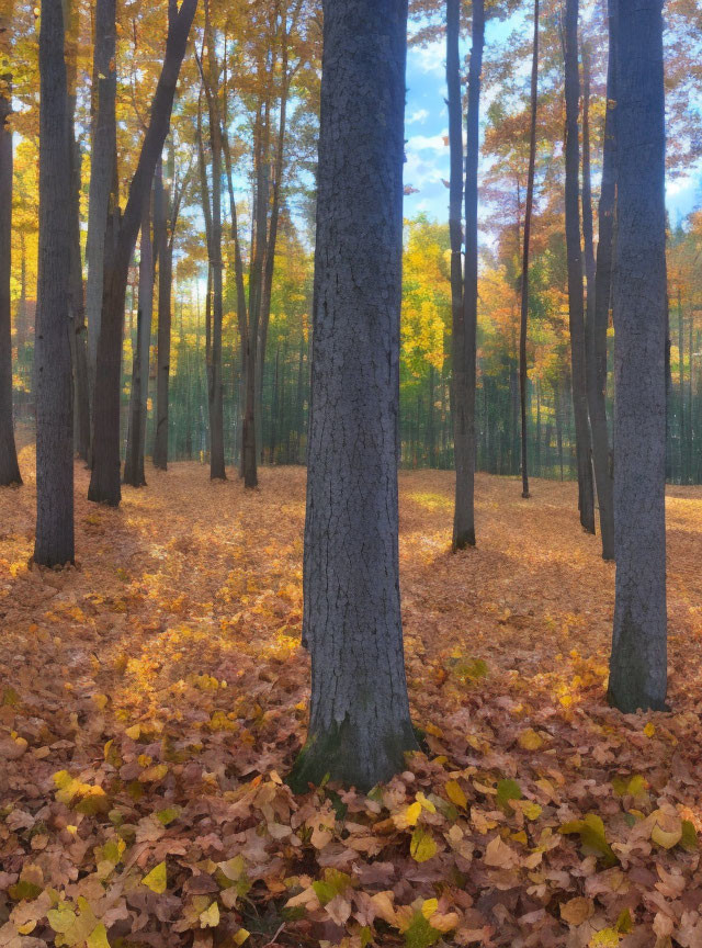 Tall Trees and Golden Leaves in Autumn Forest