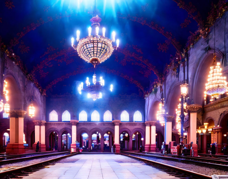 Elegant Train Station Interior with Chandeliers and Blue Lighting