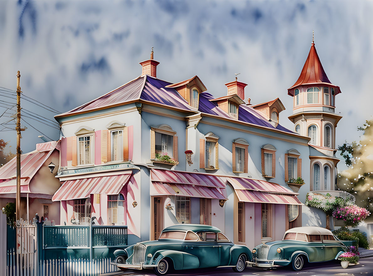 Victorian-style house with turret, pastel colors, striped awnings, vintage cars, dynamic sky