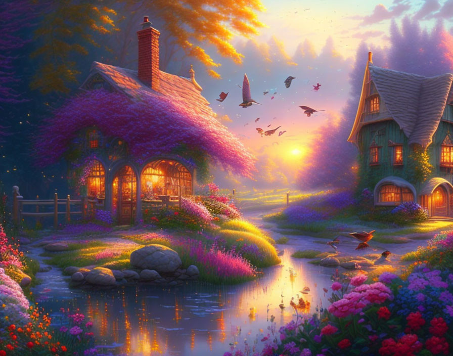 Whimsical cottage with flowering roof near serene river at sunset