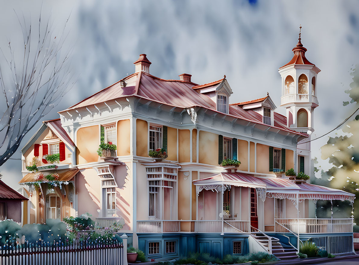 Victorian-style house with bell tower and balconies against cloudy sky