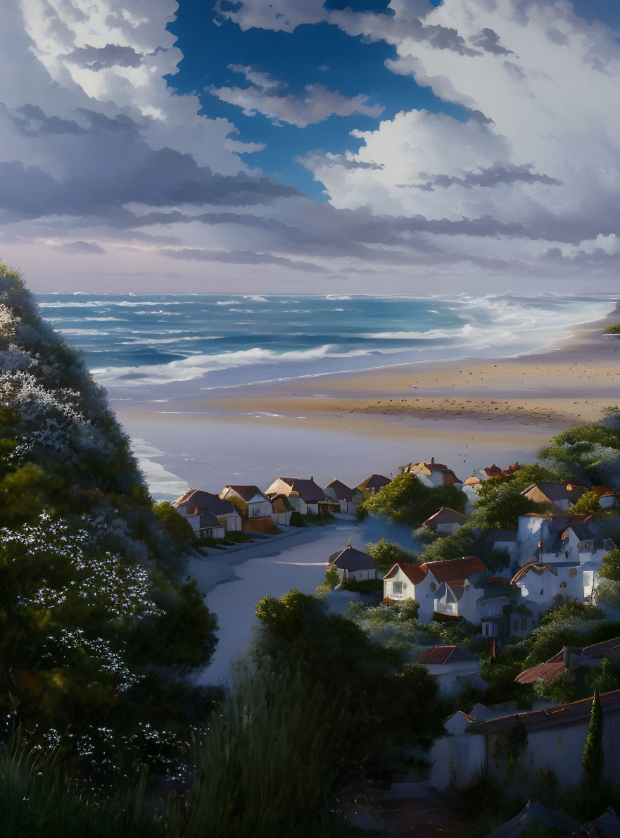 Seaside Village with Quaint Houses and Dramatic Sky