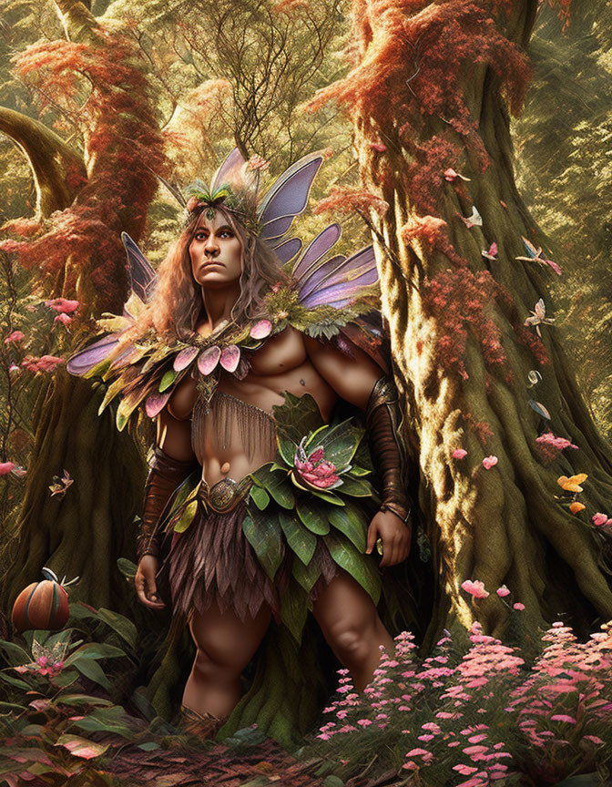 Fantasy winged figure in nature-themed armor and headdress.