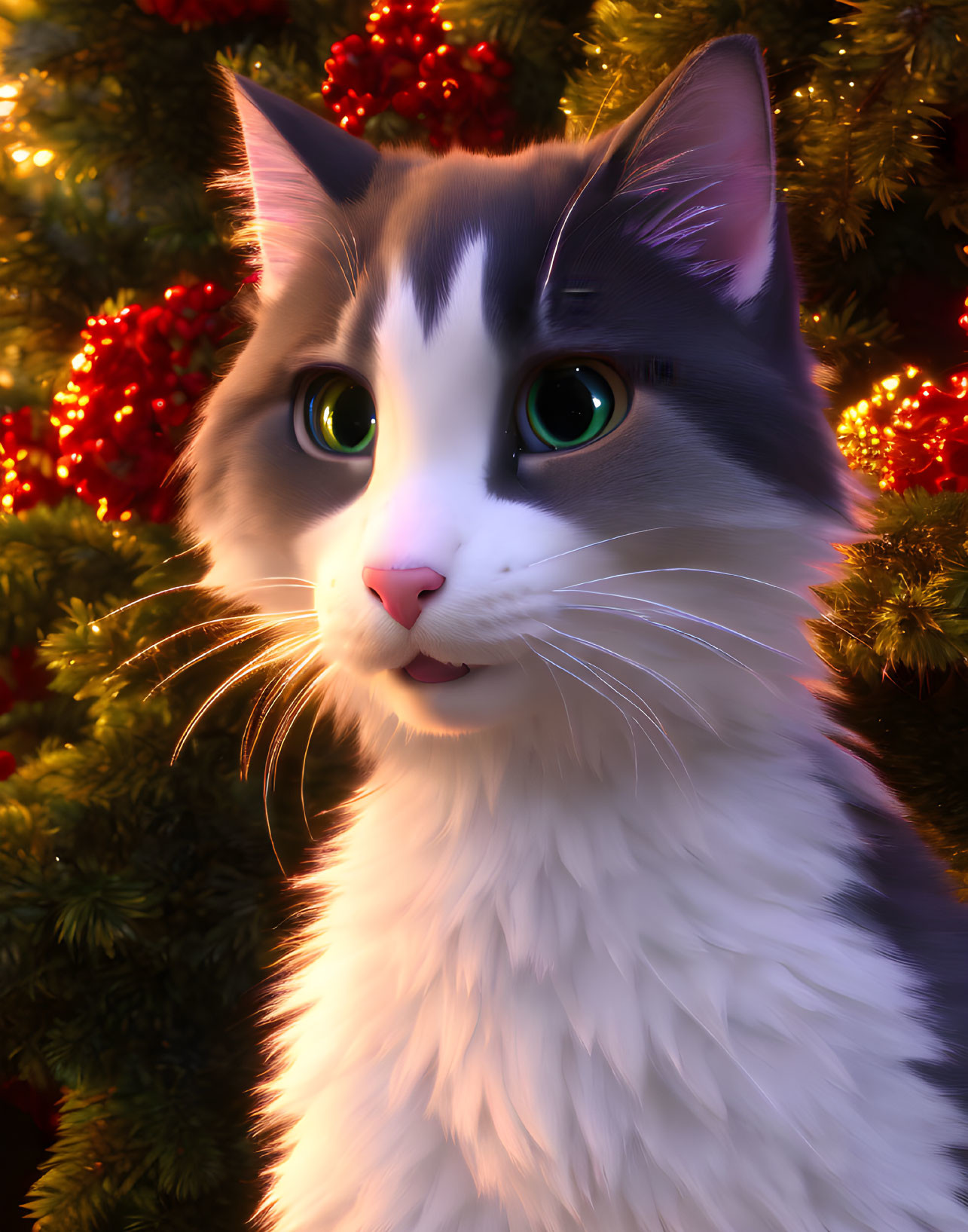 Fluffy grey and white cat with green eyes in festive holiday setting