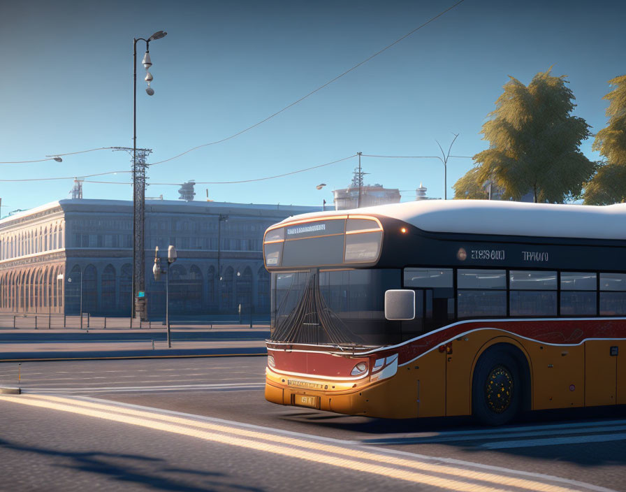 Modern bus at city intersection near elegant classical building at dawn or dusk