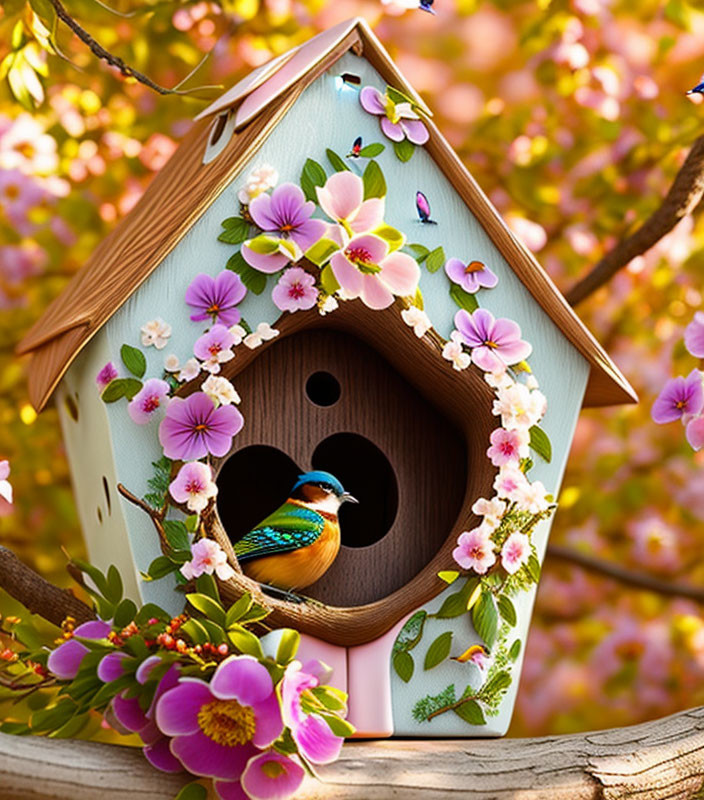 Vibrant bird in floral birdhouse among pink blossoms