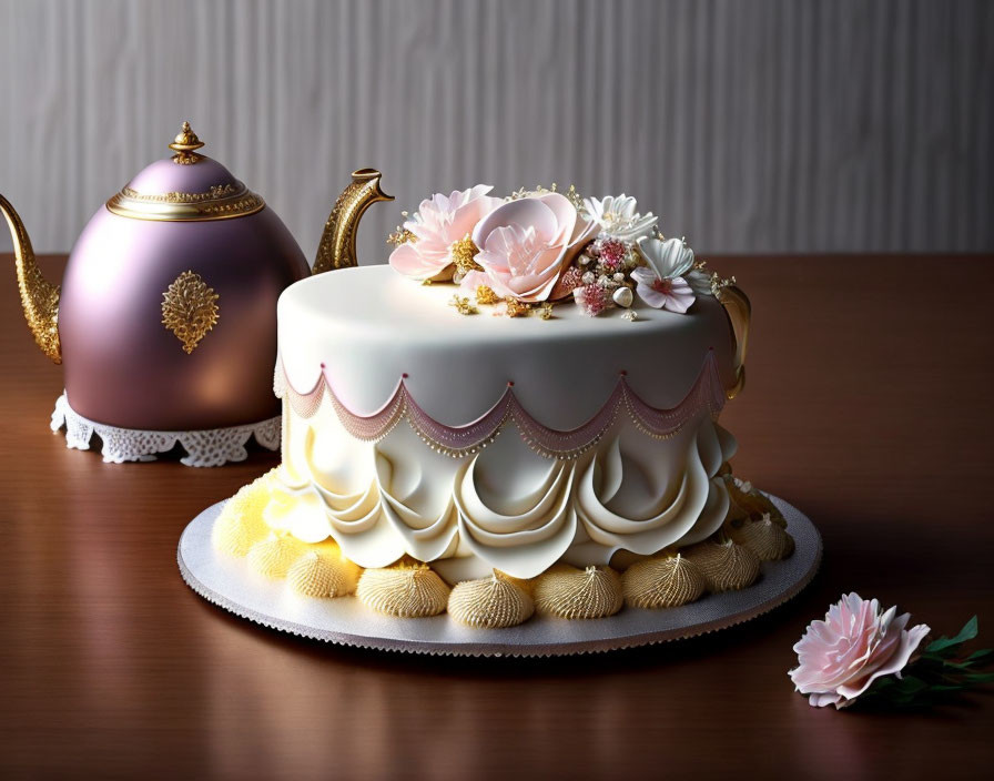 Elegant fondant cake with pink flowers, gold trim, and ruffles on wooden table