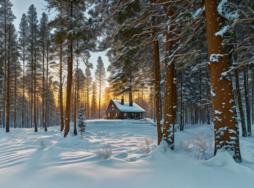 Snow-covered pine trees surround quaint cabin in golden sunset.