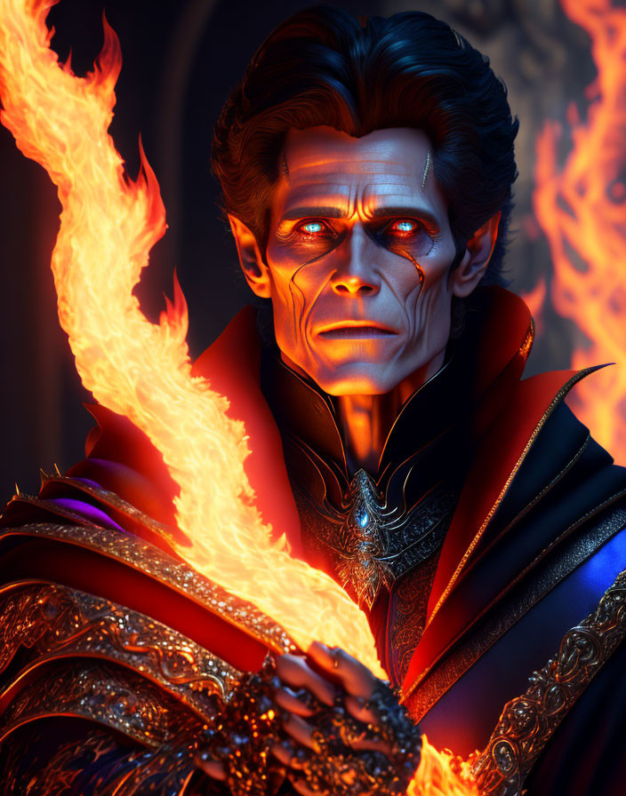 Sinister fictional character in dark armor casting fiery magic