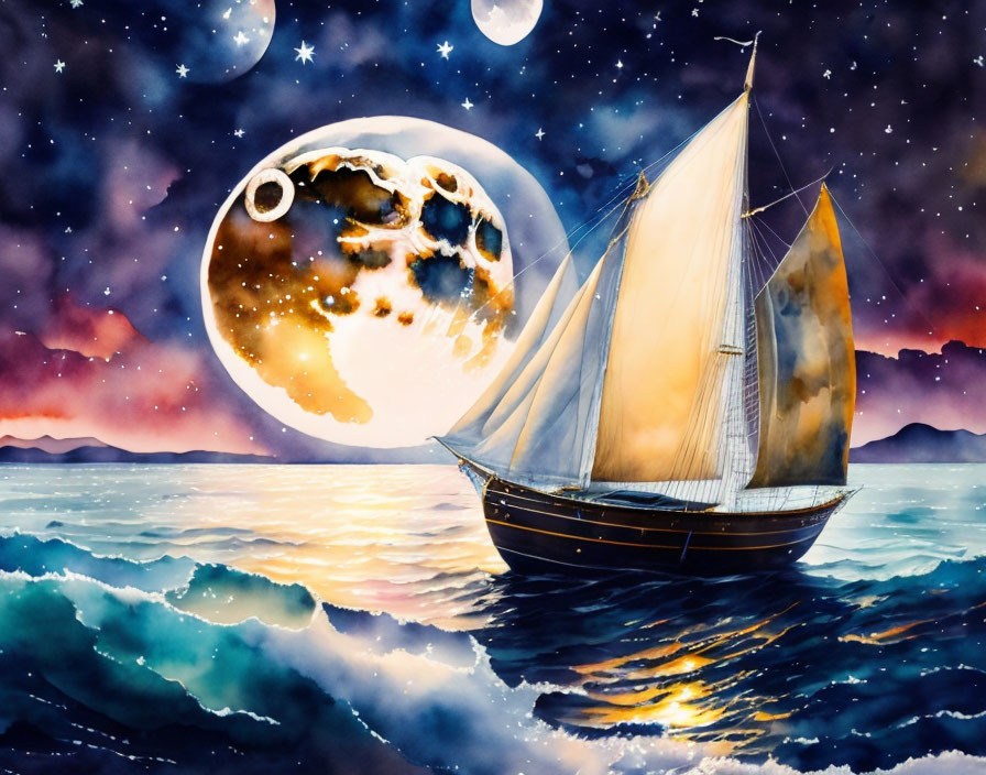 Night Seascape Painting with Sailboat, Moon, and Stars in Vibrant Orange and Purple Sky