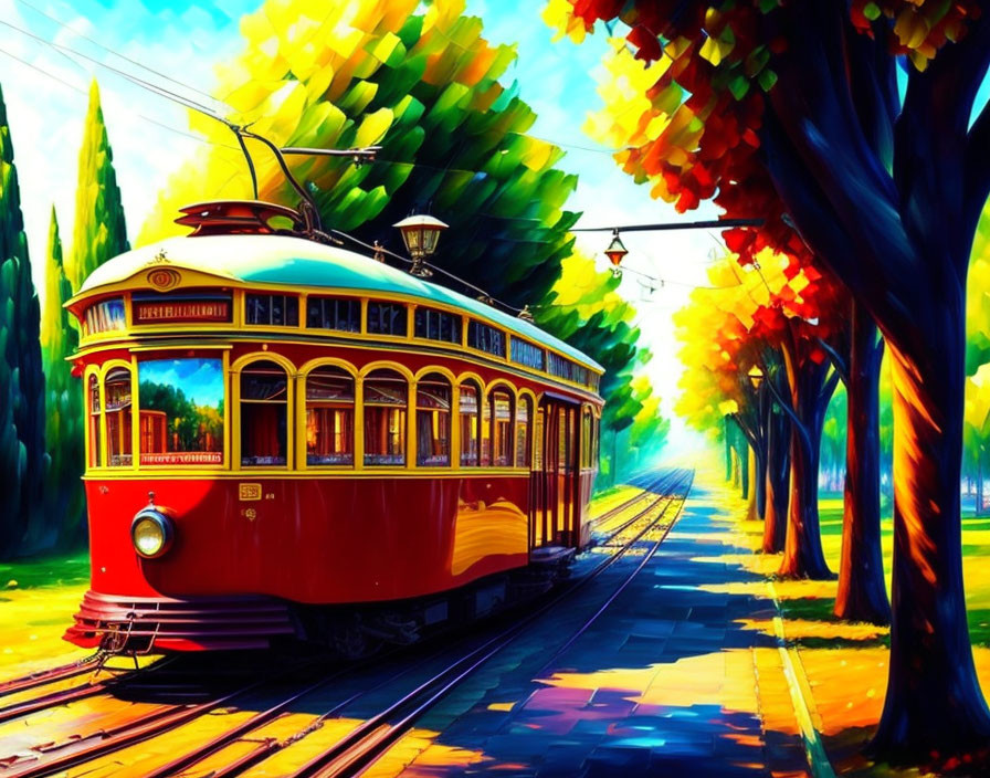 Colorful autumn scene with red tram and trees on tracks