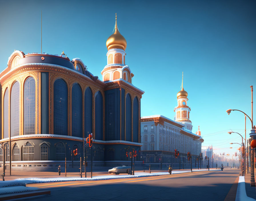 Ornate cityscape at sunrise with golden domes and snow-covered streets