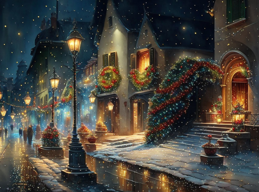 Winter street scene with snowfall and festive decorations.