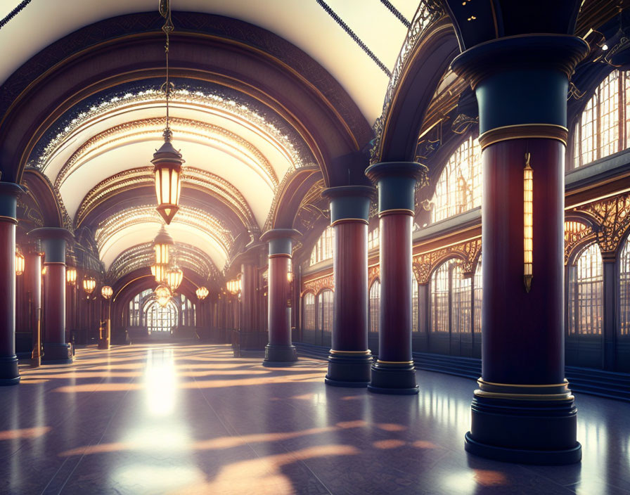 Vintage Train Station Interior with Arched Ceilings and Hanging Lanterns