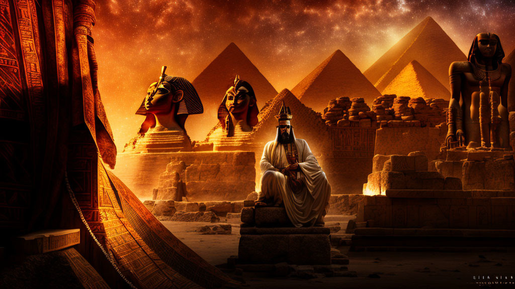 Ancient Egyptian-themed mystical scene with pyramids, statues, hieroglyphs, and robed