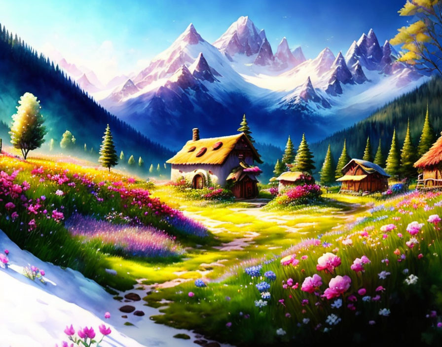 Colorful painting of whimsical valley with cobblestone path, cottage, flowers, mountains