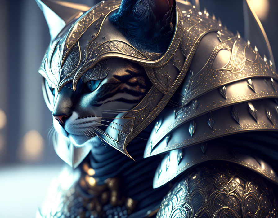 Medieval armor-clad cat with regal warrior aesthetic