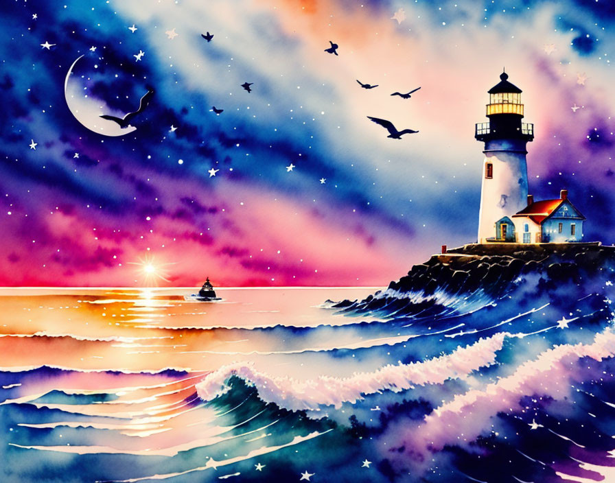 Vibrant watercolor painting of lighthouse on cliff at twilight with stars, moon, birds,