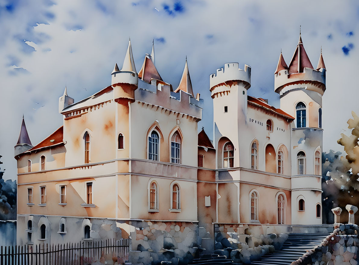 Whimsical castle watercolor painting with turrets and stone staircase