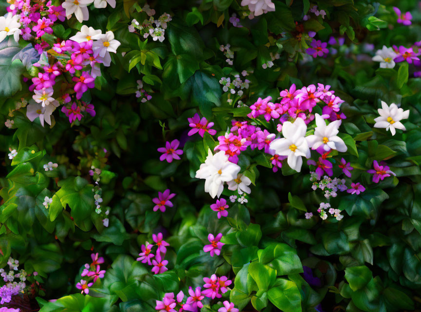 Colorful pink and white flowers with lush green leaves in vibrant display