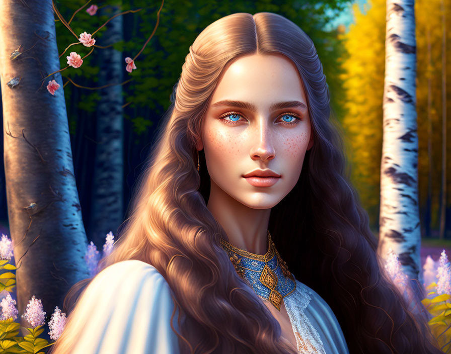 Digital artwork of woman with long flowing hair, blue eyes, freckles, in forest with bir