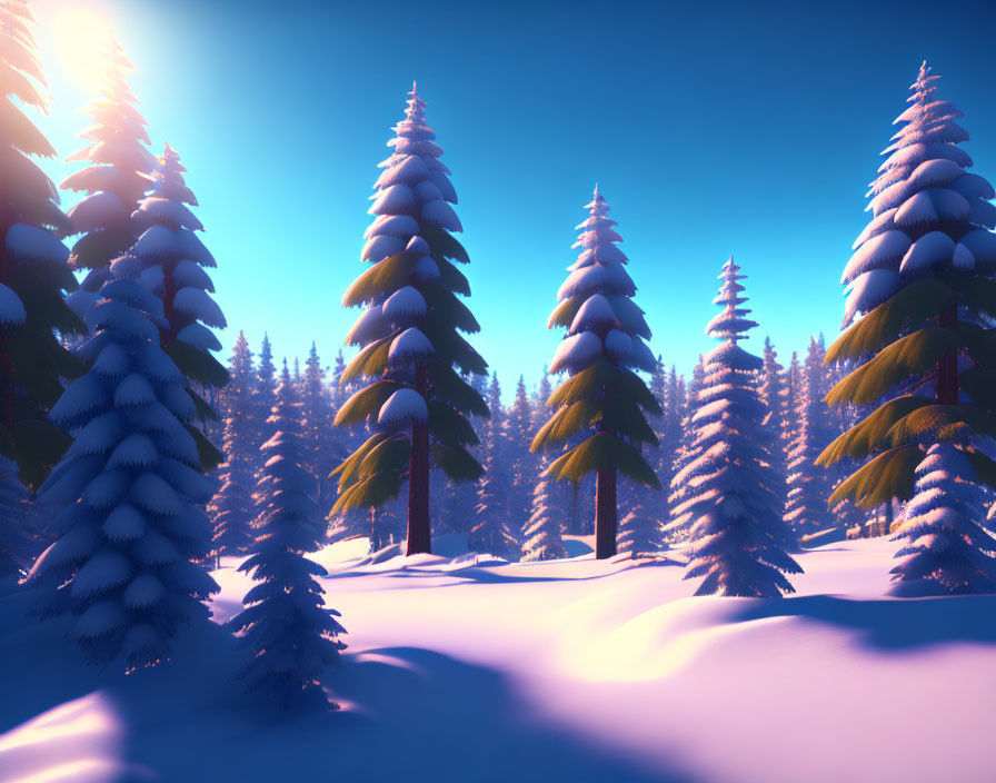 Winter sunrise illuminating snow-covered pine trees